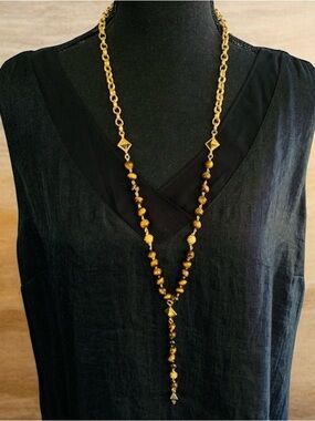 Ettika Tigers Eye Agate Beaded Golden Chain Lariat Y Necklace